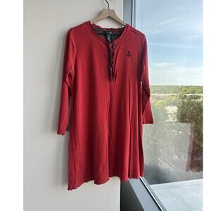 Lauren Ralph Lauren Night gown Red Knit Cotton Long Sleeve Knee Button Ruffle